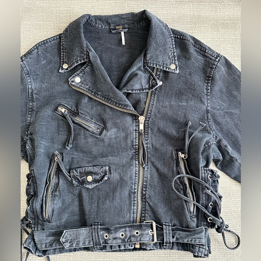 Free People Oversized Moto Jacket Black Denim Belted Lace Up Small Boho Biker - Picture 6 of 15